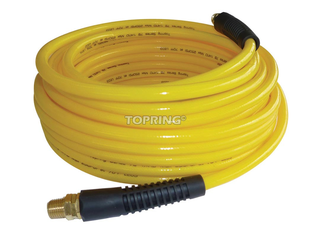 100ft yellow 1/4 inch air hose with brass 1/4 NPT fittings, rated for 300 PSI and temperature of -40 to 100°C