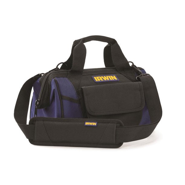 12-inch Irwin tool bag with water-resistant lined base, padded shoulder strap, and multiple exterior pockets