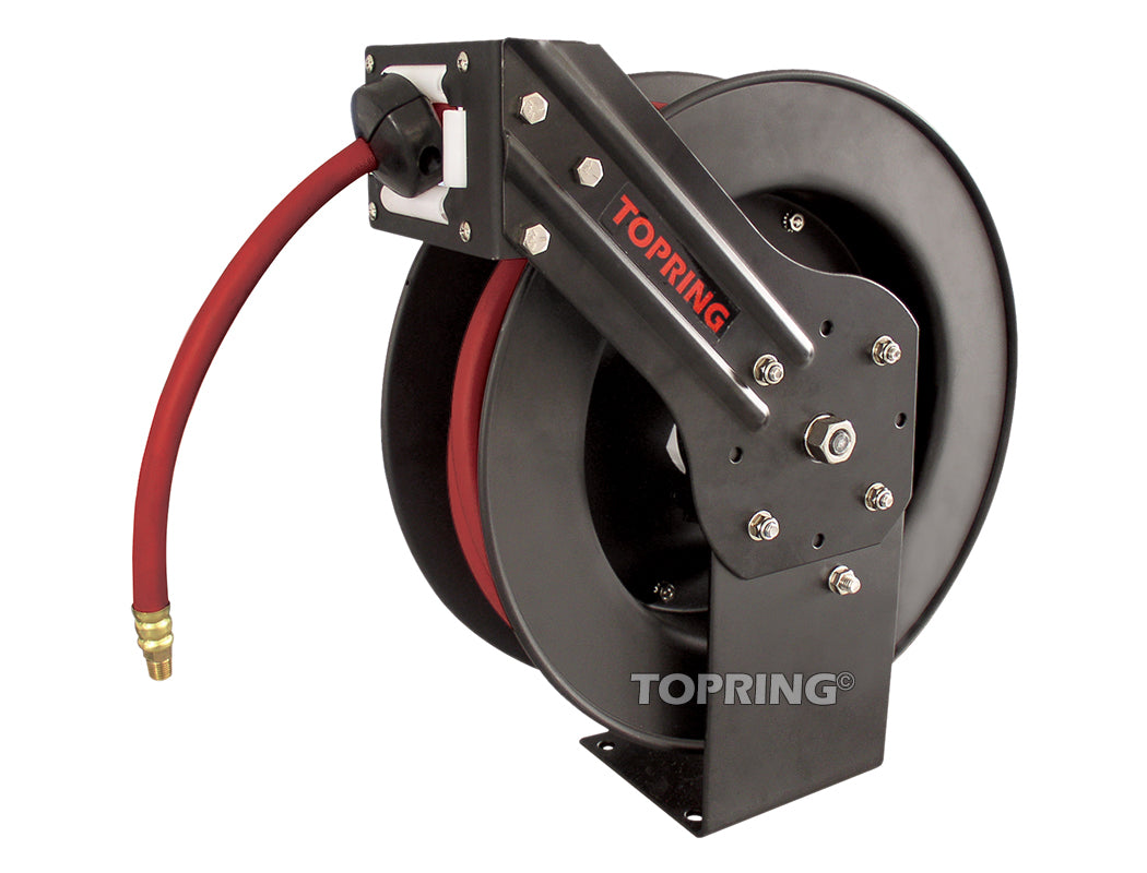 Robust steel hose reel with 1/2 inch ID FLEXhybrid hose, 50 ft length, 1/2 inch inlet and 3/8 inch outlet fittings