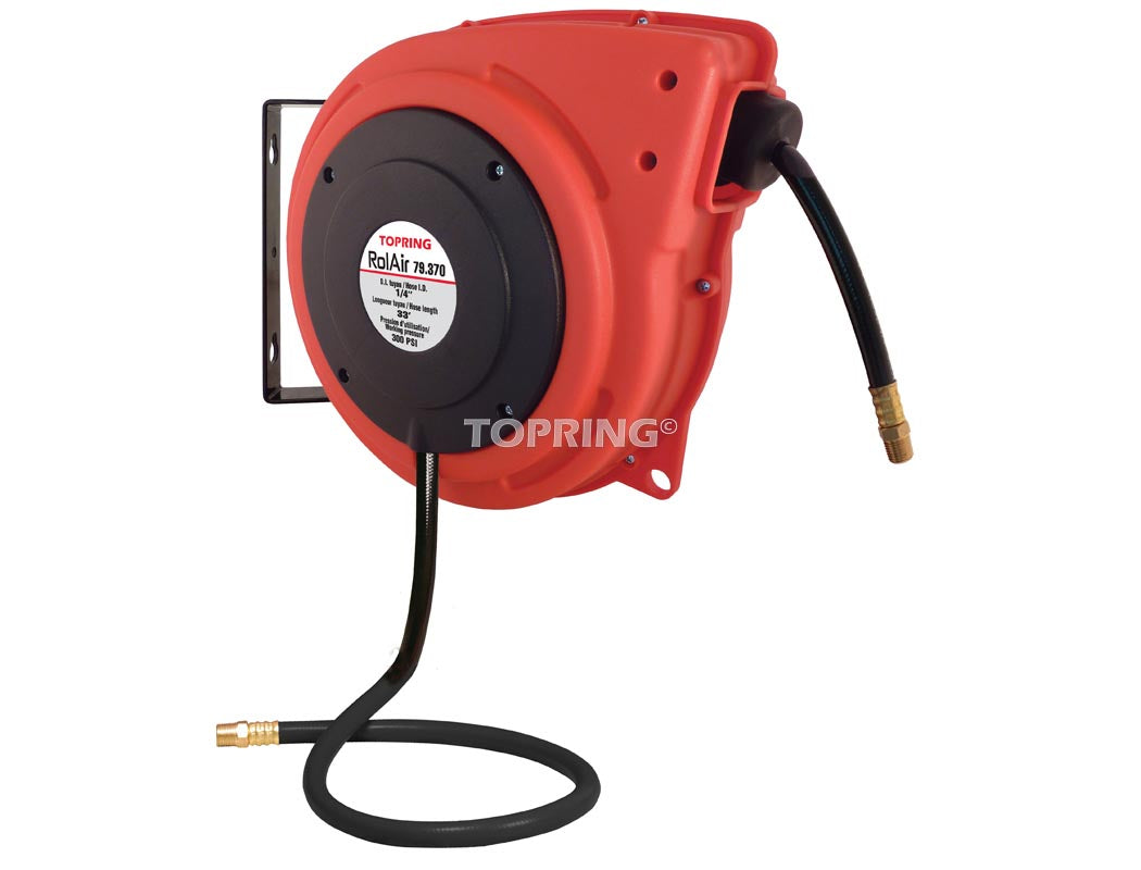 30ft 3/8" PVC air hose reel with 1/4" male NPT fittings, red durable casing, wall mount bracket included