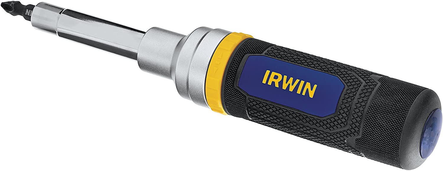 8-in-1 ratchet screwdriver with Phillips, slotted, hex, square, and Torx bits in compact, ergonomic handle design