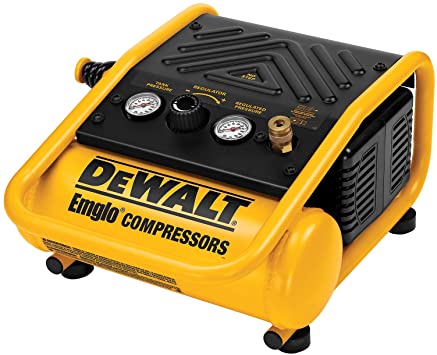 Compact yellow and black DeWalt compressor with dual pressure gauges, brass fitting, and oil-free pump design for 1-gallon tank capacity