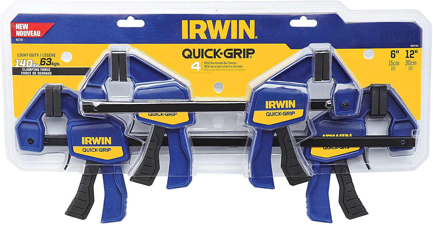 Set of four Irwin Quick-Grip clamps with non-marking pads, resin body, and tempered steel bars in 6" and 12" sizes