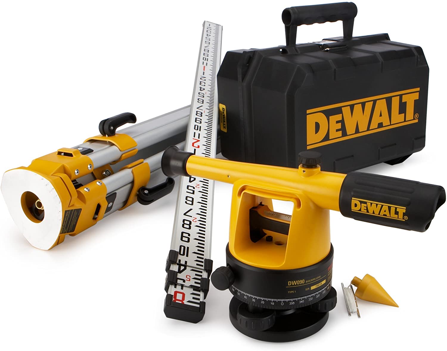 DEWALT professional leveling set with tripod, 20x magnification, 60m range, leveling base, and carrying case