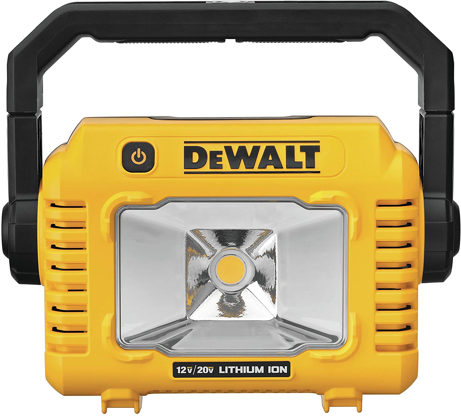 Yellow and black DeWALT 20V lithium-ion portable work light with adjustable 360-degree handle and power button
