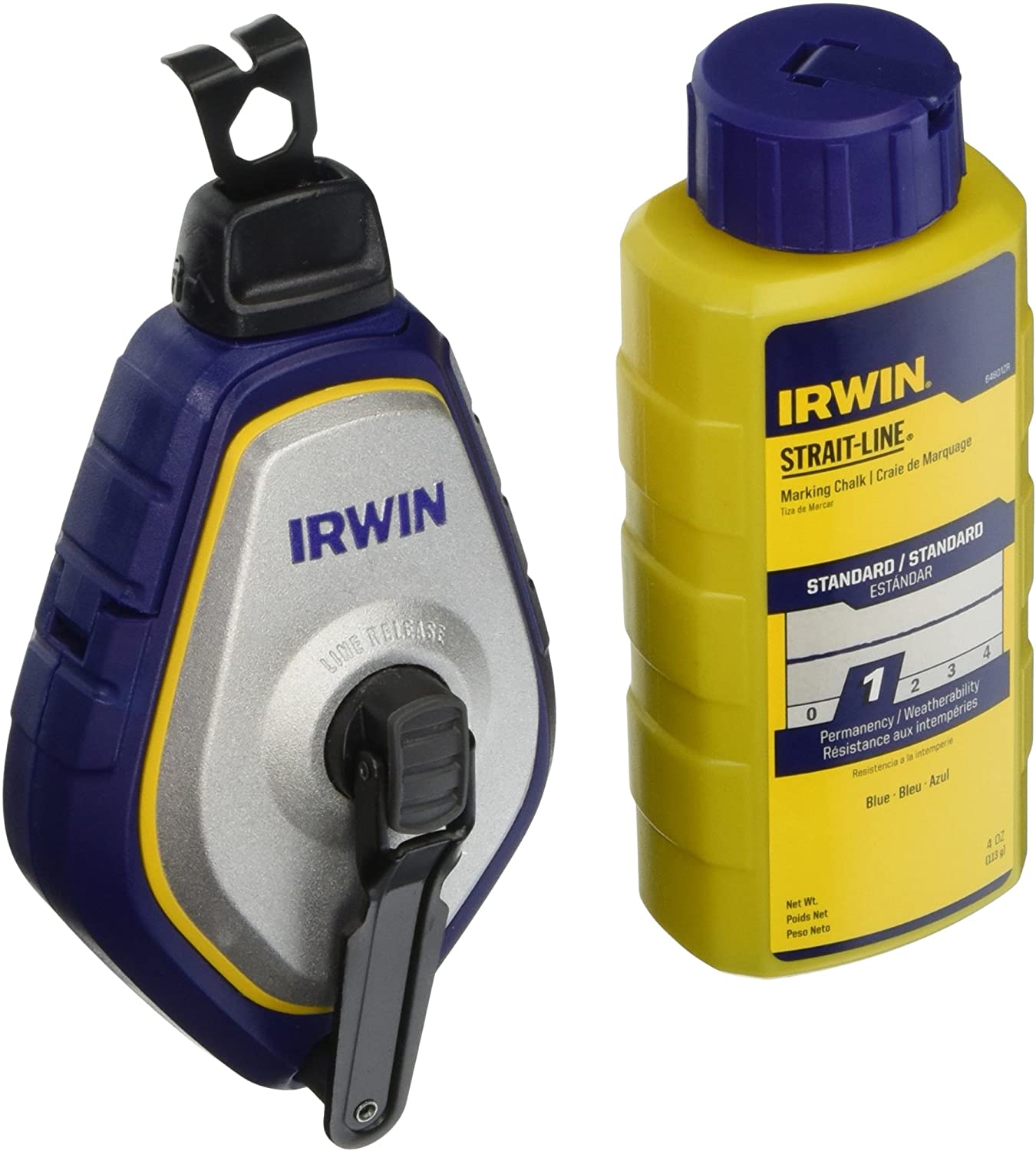 Blue and yellow Irwin Strait-Line chalk reel with durable metal hook and ergonomic handle for marking and measuring tasks