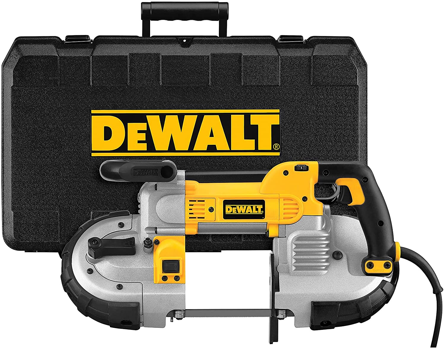 DeWALT deep cut band saw with 10 amp motor, ergonomic handle, and sturdy carrying case for heavy-duty cutting tasks