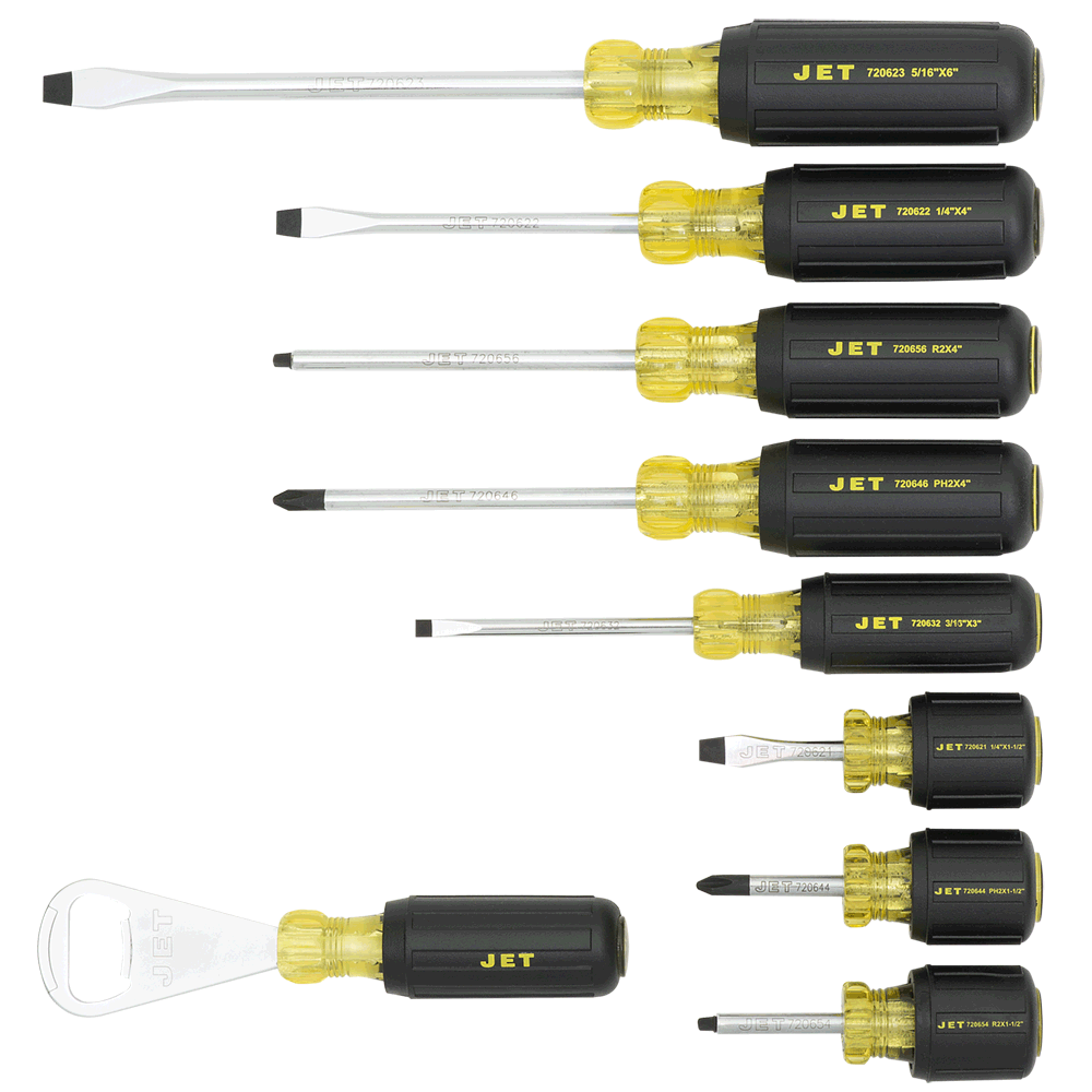 Set of 8 screwdrivers and bottle opener with cushioned handles including Phillips and slotted tips in various sizes