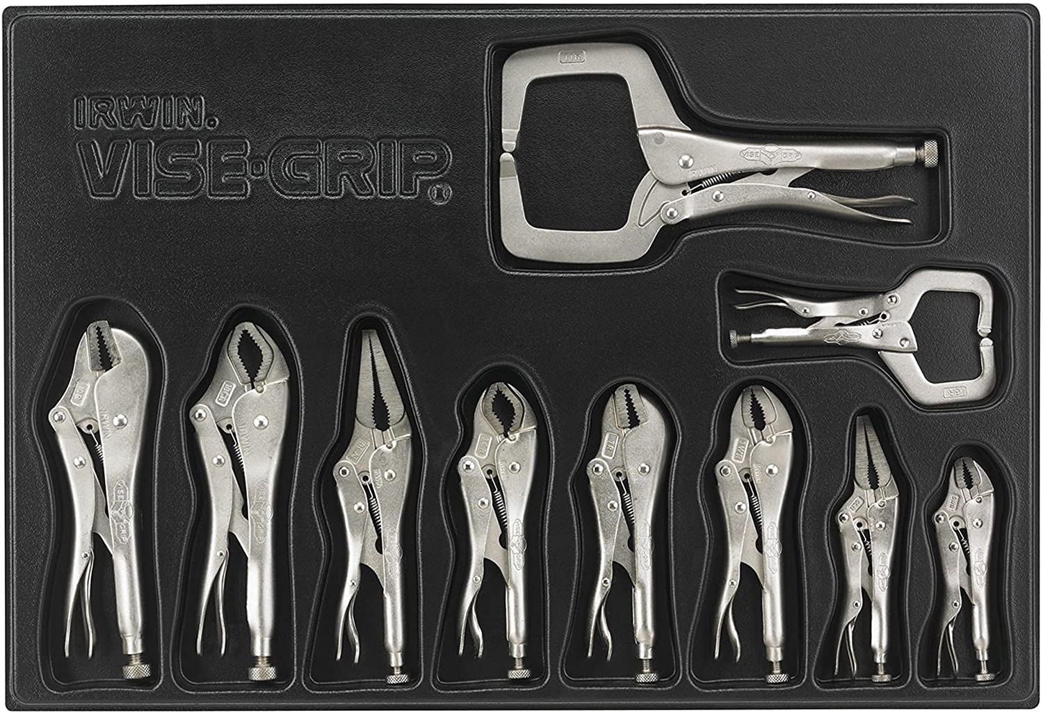 10-piece Vise-Grip clamp set in black tray, featuring various locking pliers and C-clamp style locking tool