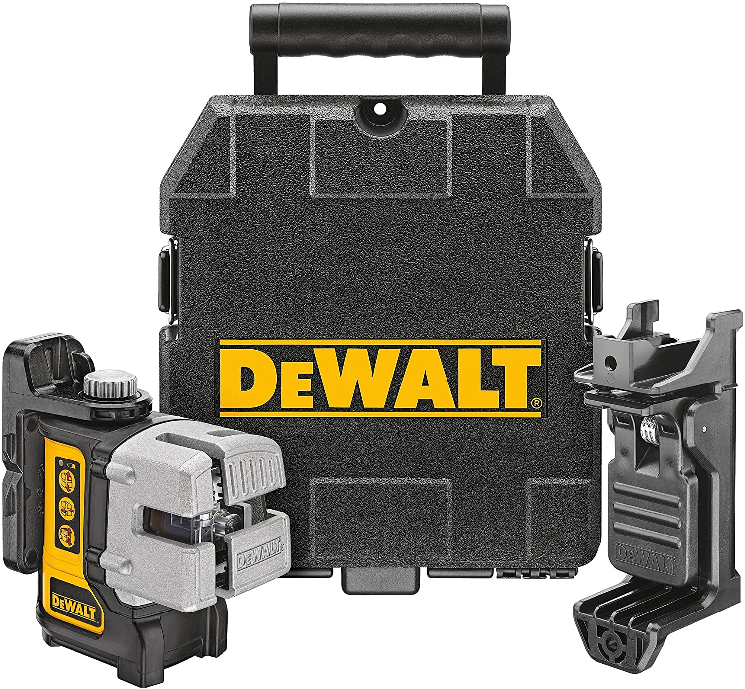 DeWalt DW089K laser level kit with green beam, 3-beam layout, pivoting mount, and durable carrying case