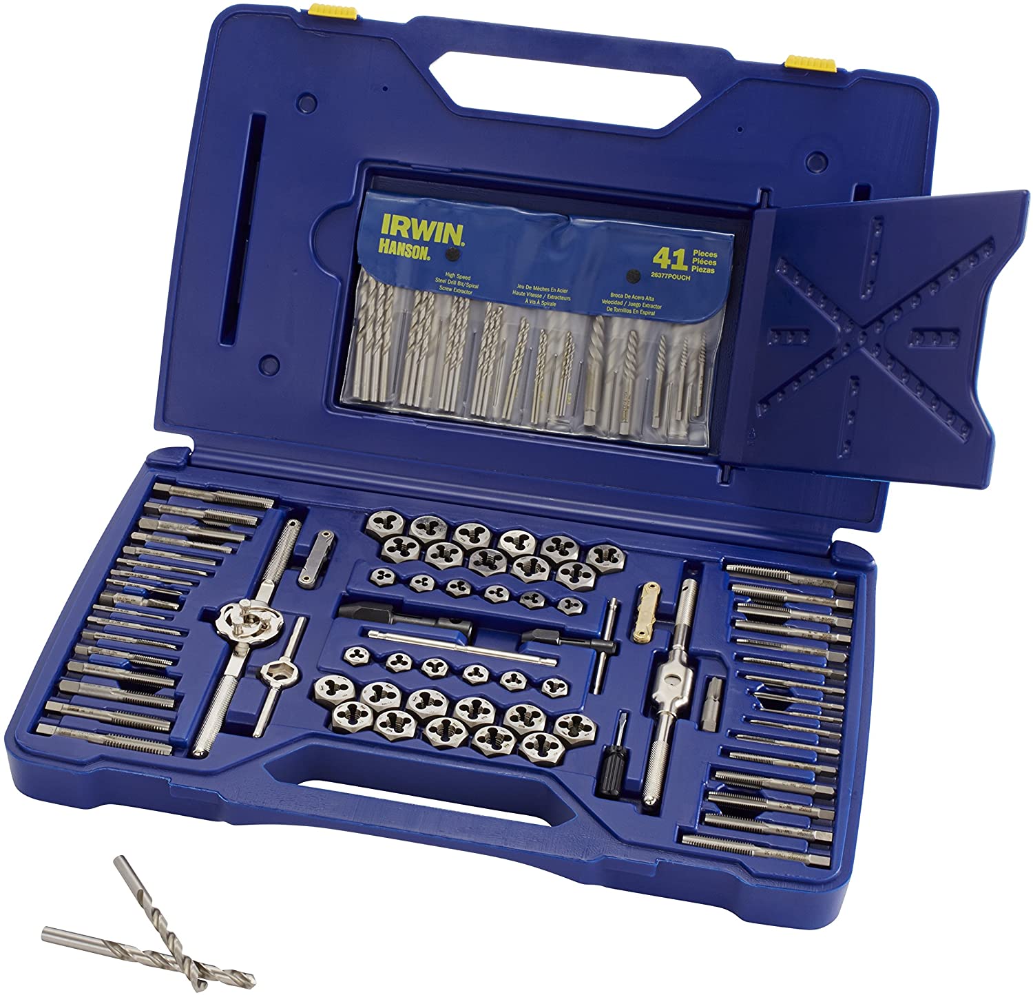 117-piece tap and die set in blue plastic case with dies, taps, handles, and extension bars for metric threading tasks