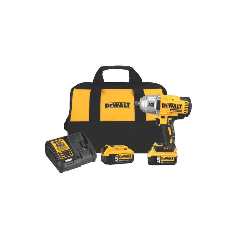 DeWalt 1/2 inch cordless impact wrench kit with two 20V 5Ah batteries, charger, and branded carrying bag