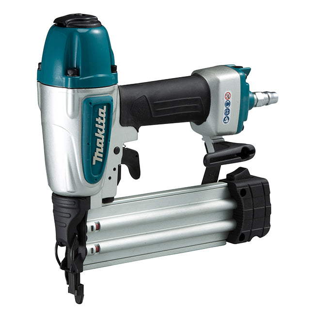 Makita 18GA precision thin contact tip nailer with ergonomic handle and air blower for clean wood molding nailing tasks
