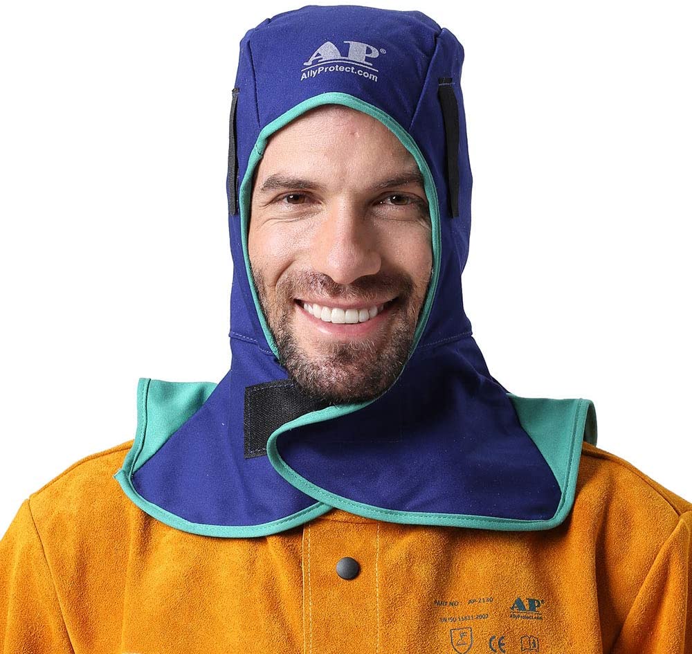 Flame-resistant welding hood made of durable cotton with adjustable front flap and reinforced edges for safety