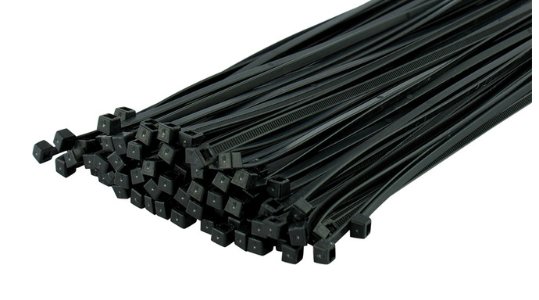 Bundle of 18-inch black nylon cable ties with 120-pound tensile strength, pack of 25 pieces.