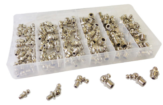 Plastic organizer box with 110-piece hydraulic fittings assortment including straight, 45°, and grease nipple connectors