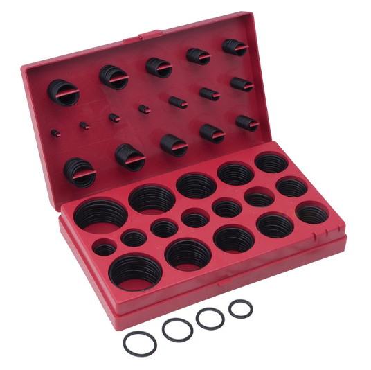 419-piece metric O-ring assortment in red plastic case with multiple sizes for sealing and repair applications