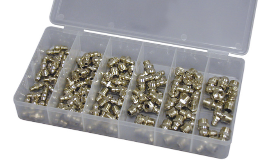 Plastic organizer box with 110 metric grease fittings in six compartments including straight and 90-degree Zerk connectors