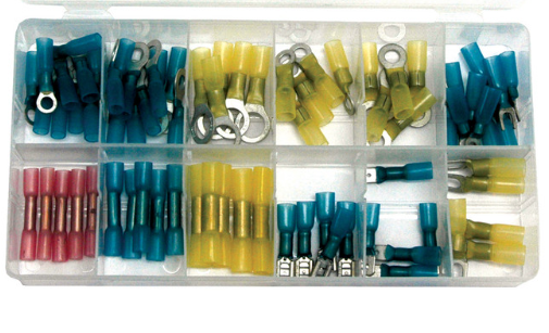 Clear plastic organizer box with 75 assorted heat shrink terminals in blue, yellow, and red colors for electrical connections