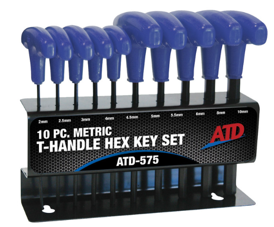 10-piece metric T-handle hex key set with sizes 2mm to 10mm, durable black shafts and blue ergonomic handles
