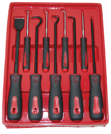 9-piece scraper, hook, and pick tool set with black and red ergonomic handles in red plastic organizer tray