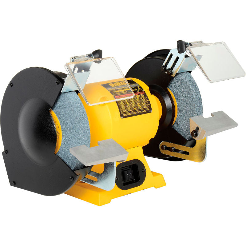 8-inch bench grinder with 3/4 HP motor, dual grinding wheels, safety shields, and sturdy cast iron base