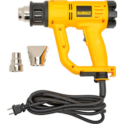 Yellow DeWalt heat gun with variable temperature control, overload protection, two metal nozzle attachments, and long power cord