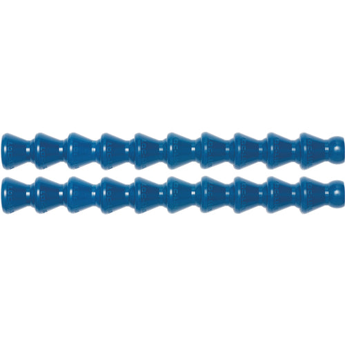 Two blue 1/4" Loc-Line hose segments with ball-and-socket design, flexible without reducing inner diameter