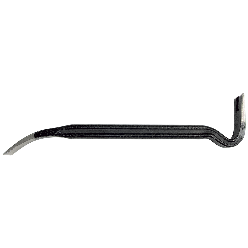 Thick alloy steel demolition bar with curved end and striking tip designed for heavy-duty prying and dismantling tasks