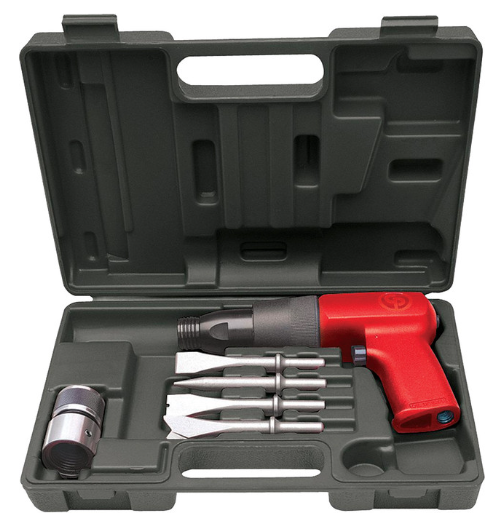 Red air hammer kit with four chisels, quick-change retainer, and durable black plastic carrying case