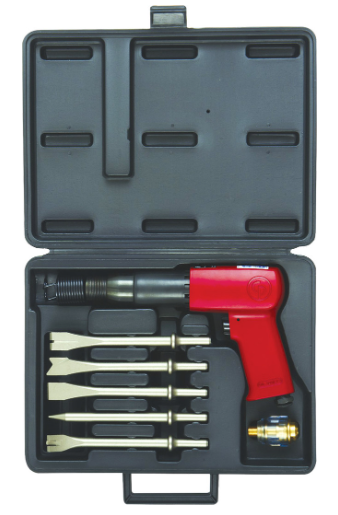 Red air hammer kit with six steel chisels and brass air fitting in black molded plastic carrying case