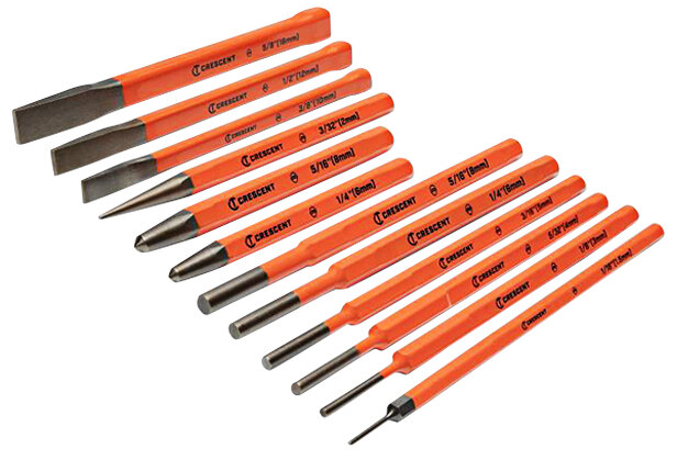 12-piece punch and chisel set with orange handles, various sizes for precision metal and woodwork tasks