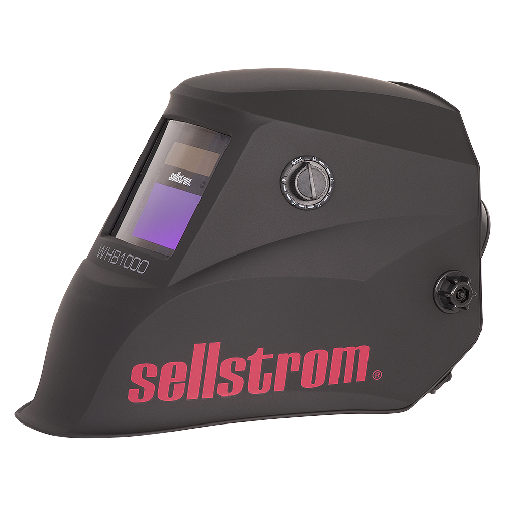 Black Sellstrom welding helmet with auto-darkening filter, adjustable shade control, and full head and neck protection