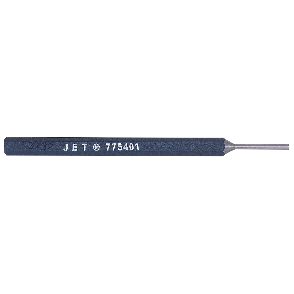 High-carbon steel pin punch with rust-resistant hexagonal shank and continuously sharpened cutting edge, 3/32 inch size.