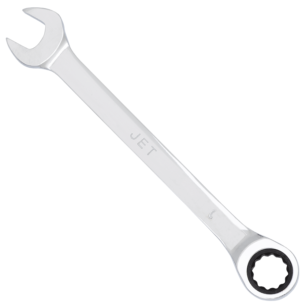 Jet ratcheting combination wrench with 12-point box end and non-slip open end for improved grip and torque control