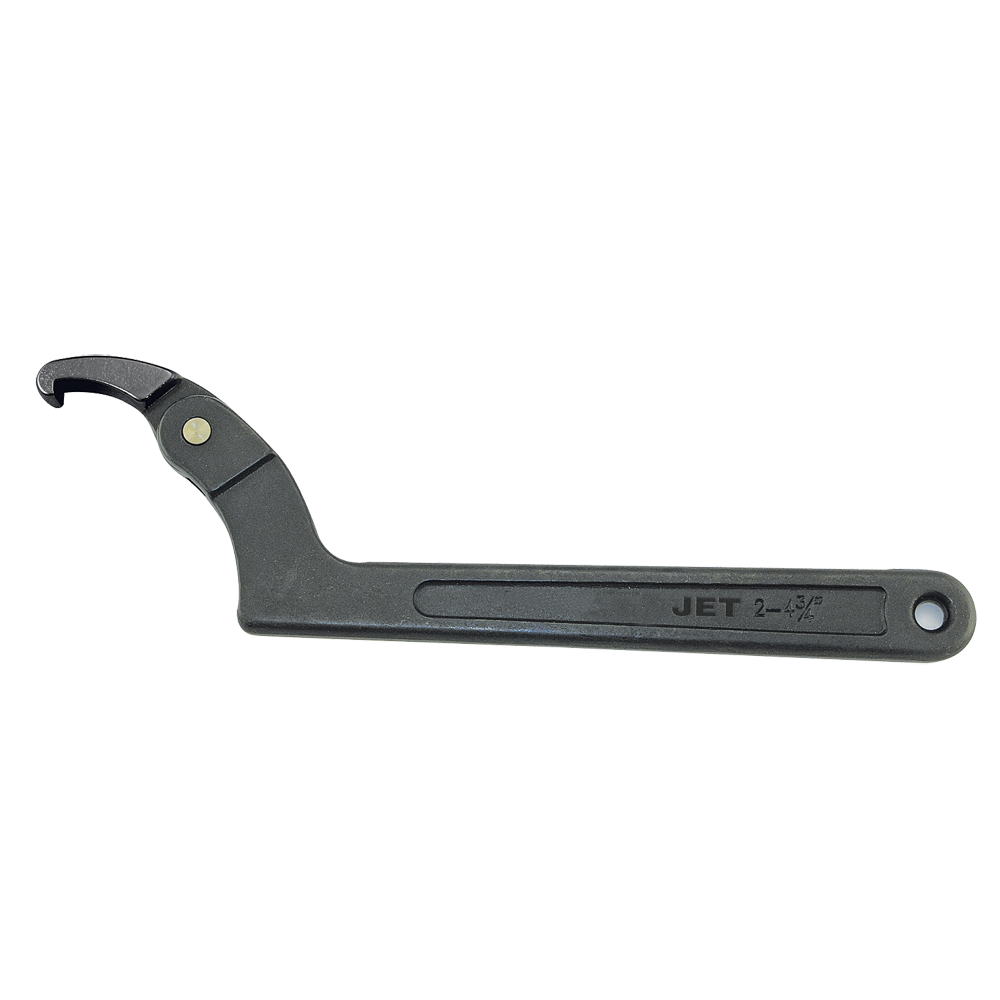 Adjustable black corrosion-resistant spanner wrench with hook style head for collets, lock rings, and bearings 1 1/4-3 inch range