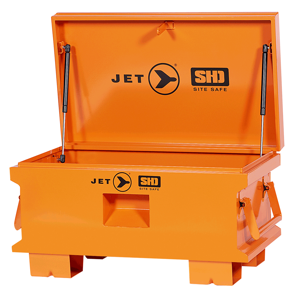 Orange heavy-duty steel site chest with automatic welded joints and secure hinged lid for intensive construction use
