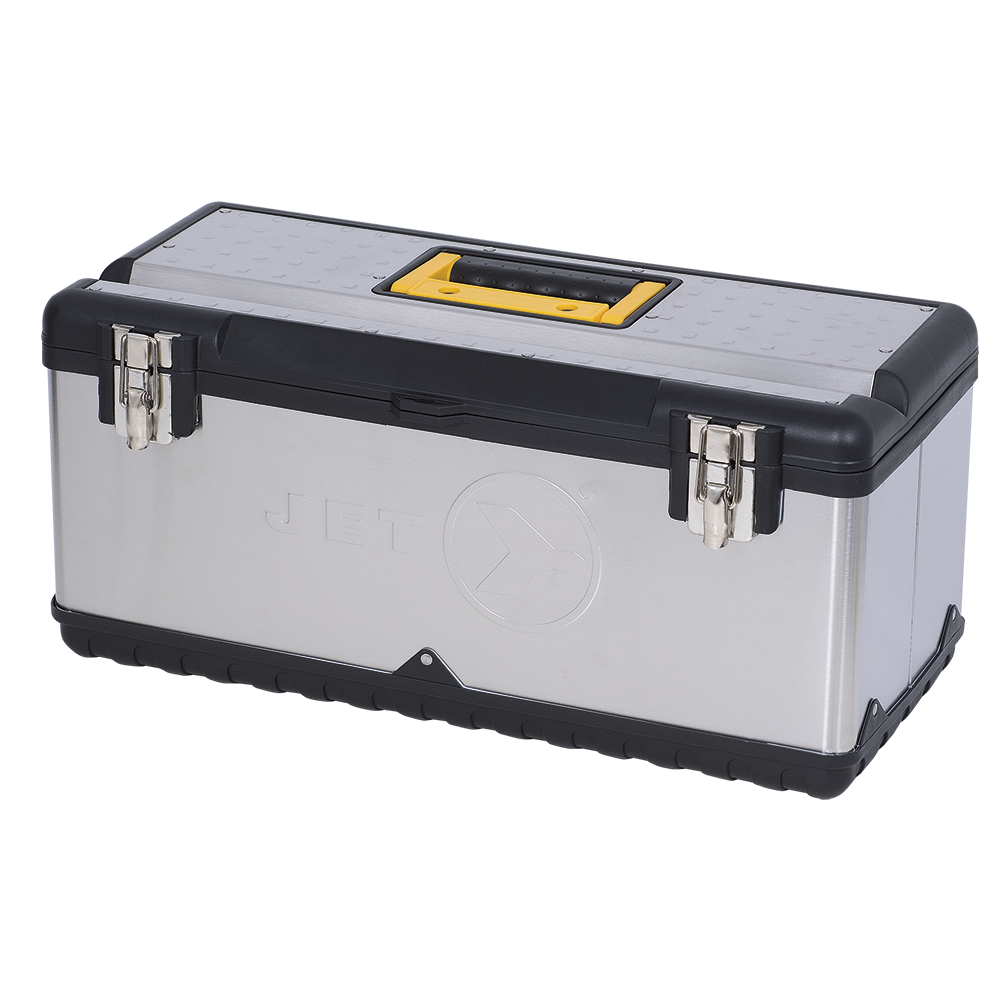22-inch stainless steel and plastic tool chest with rust-resistant coating, recessed handle, lockable latches, and removable tray