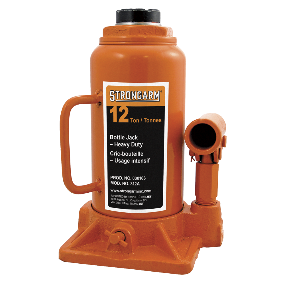 12-ton heavy-duty orange bottle jack with side handle and lifting piston for vertical or horizontal use