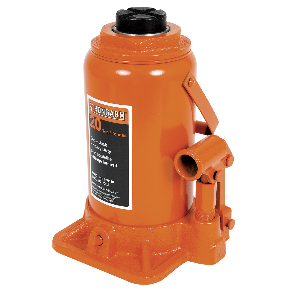 Orange Strongarm 20-ton bottle jack with heavy-duty steel construction, vertical or horizontal use, and heat-treated piston resistance