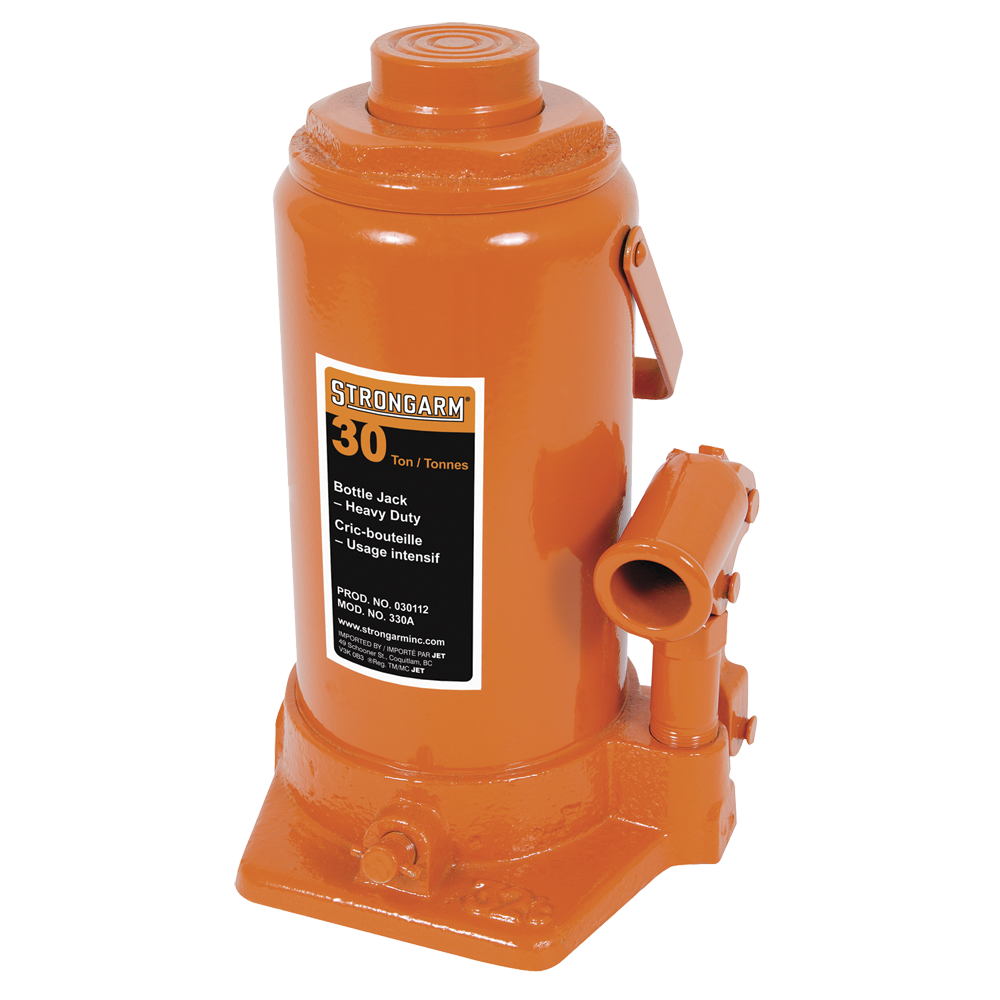 Orange 30-ton hydraulic bottle jack with heavy-duty construction and side handle for vertical or horizontal lifting tasks