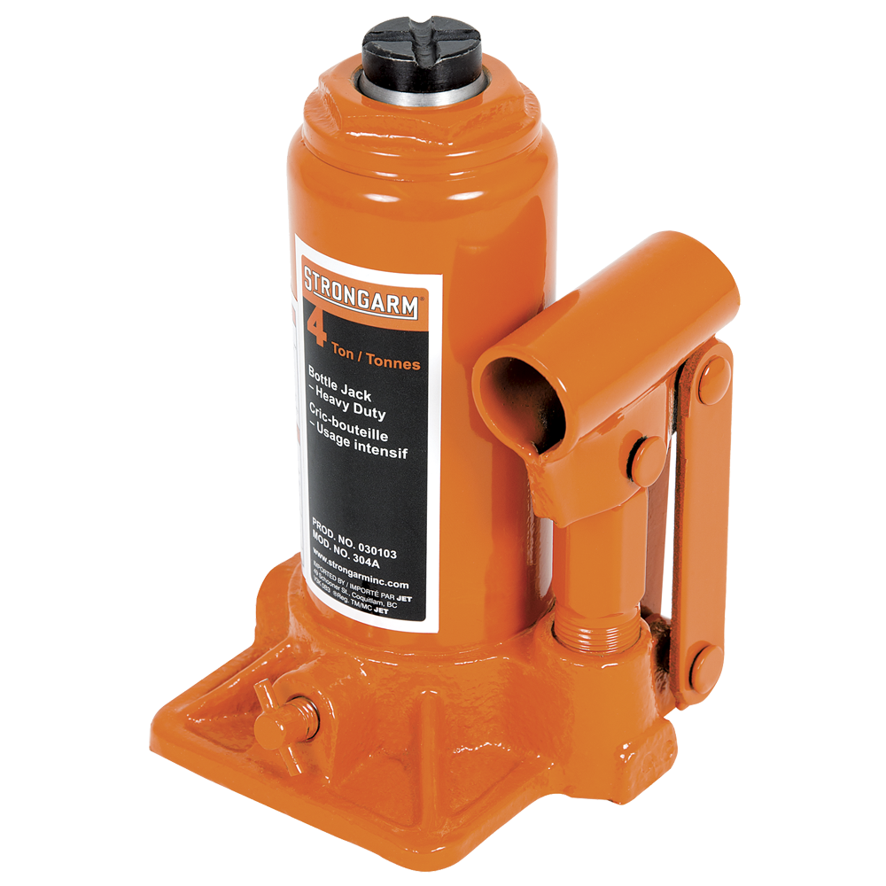 Orange 4-ton Strongarm bottle jack with heavy-duty design, heat-treated piston, and base for vertical or horizontal use.