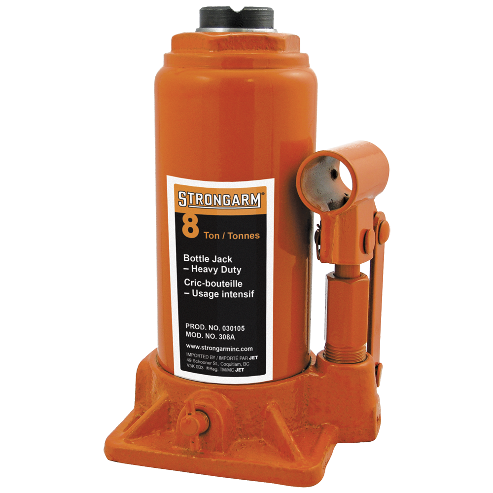 8-ton heavy-duty Strongarm bottle jack with corrosion-resistant finish, vertical or horizontal use, and durable piston design