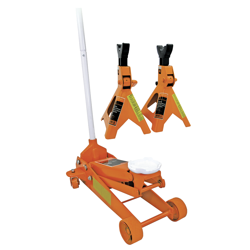 2.5-ton orange hydraulic floor jack with dual swivel casters and safety valve, including two matching jack stands.
