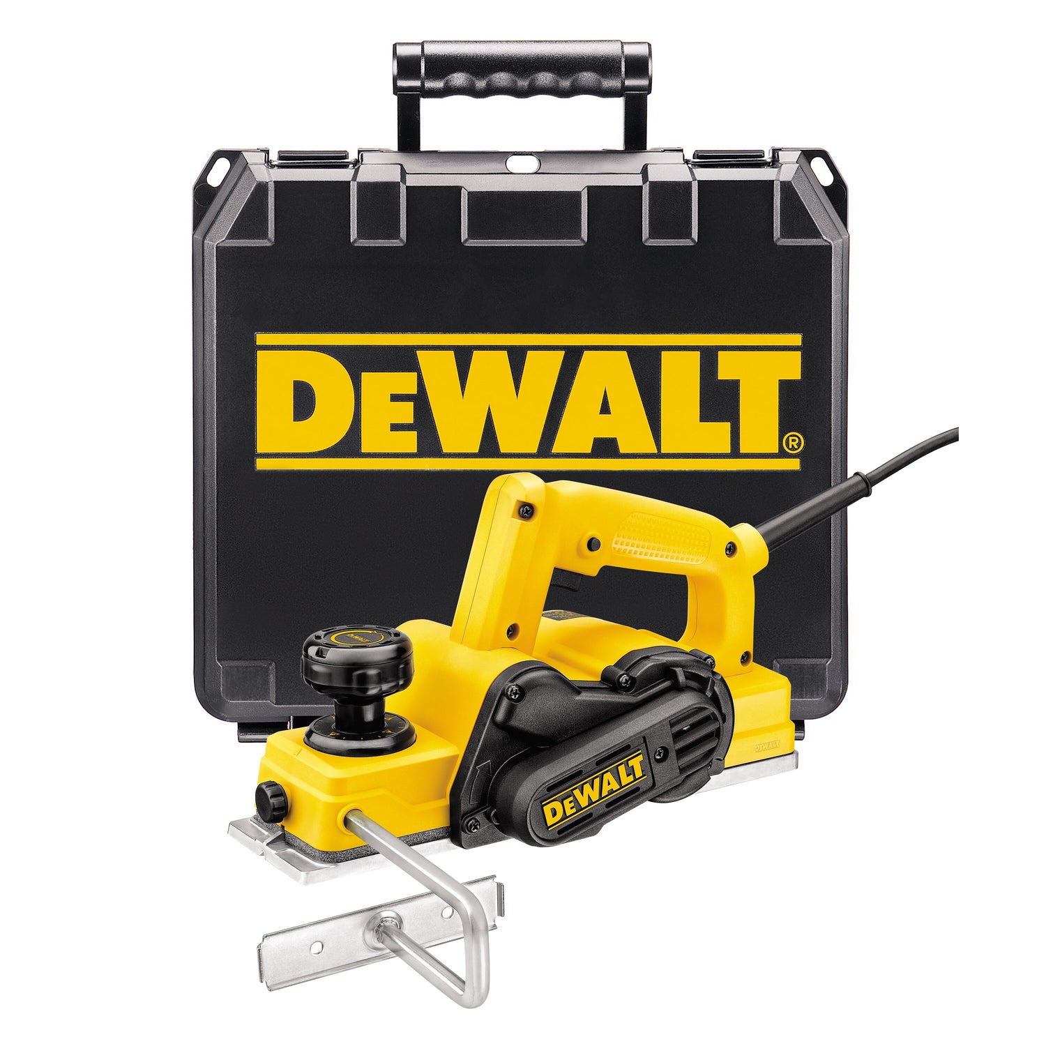 Yellow and black DeWalt corded planer with carbide blades, adjustable guide, and durable carrying case for smooth wood finishing