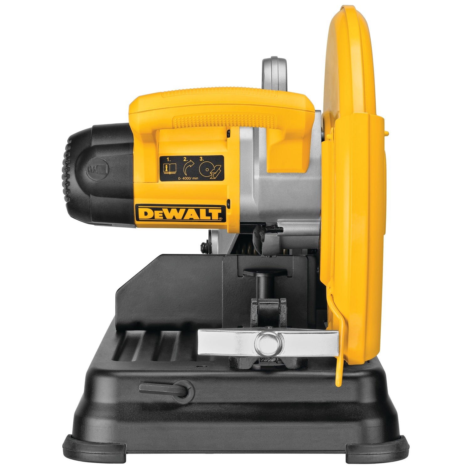 14-inch DeWalt metal cutoff saw with 15A motor, ergonomic D-handle, and durable yellow safety guard and baseplate
