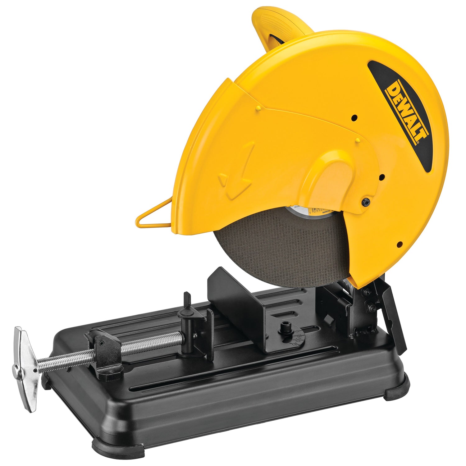 14-inch DEWALT metal cutting chop saw with 15A motor, ergonomic D-handle, and metal base with clamp system