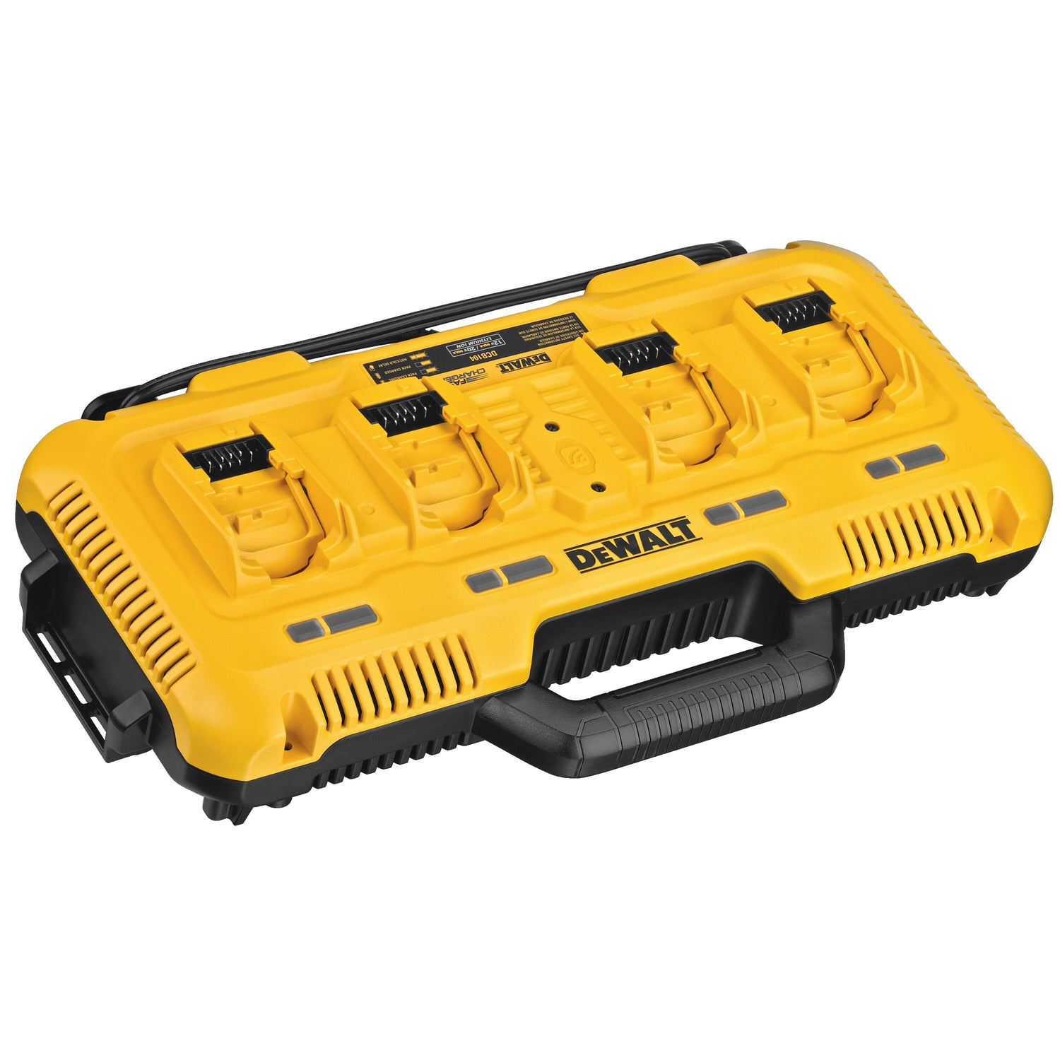 Yellow and black DEWALT quadruple battery charger with four slots, wall mounts, and cord storage for DCB204 and DCB606 batteries