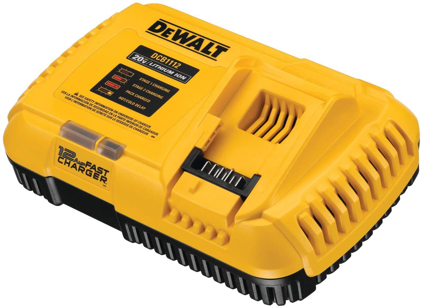 Yellow DeWalt 12Ah fast charger for 20V MAX and FLEXVOLT batteries with LED status indicators and cooling vents