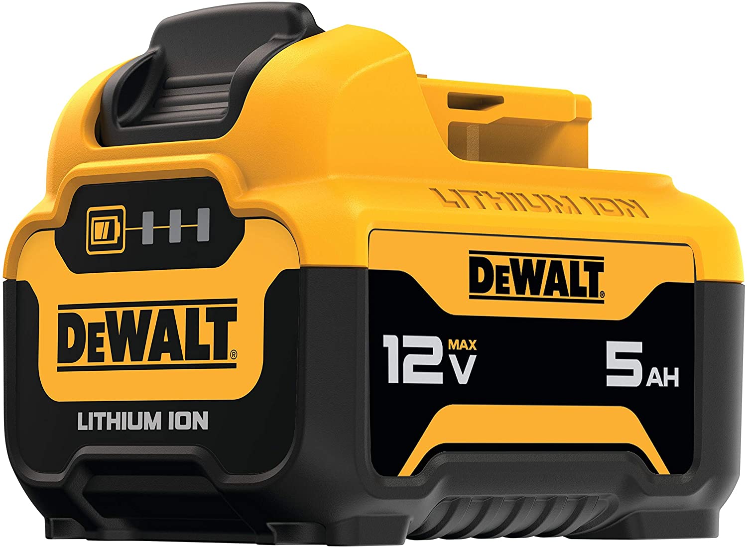 12V 5Ah DeWalt lithium-ion battery pack with LED charge indicator and compact lightweight design